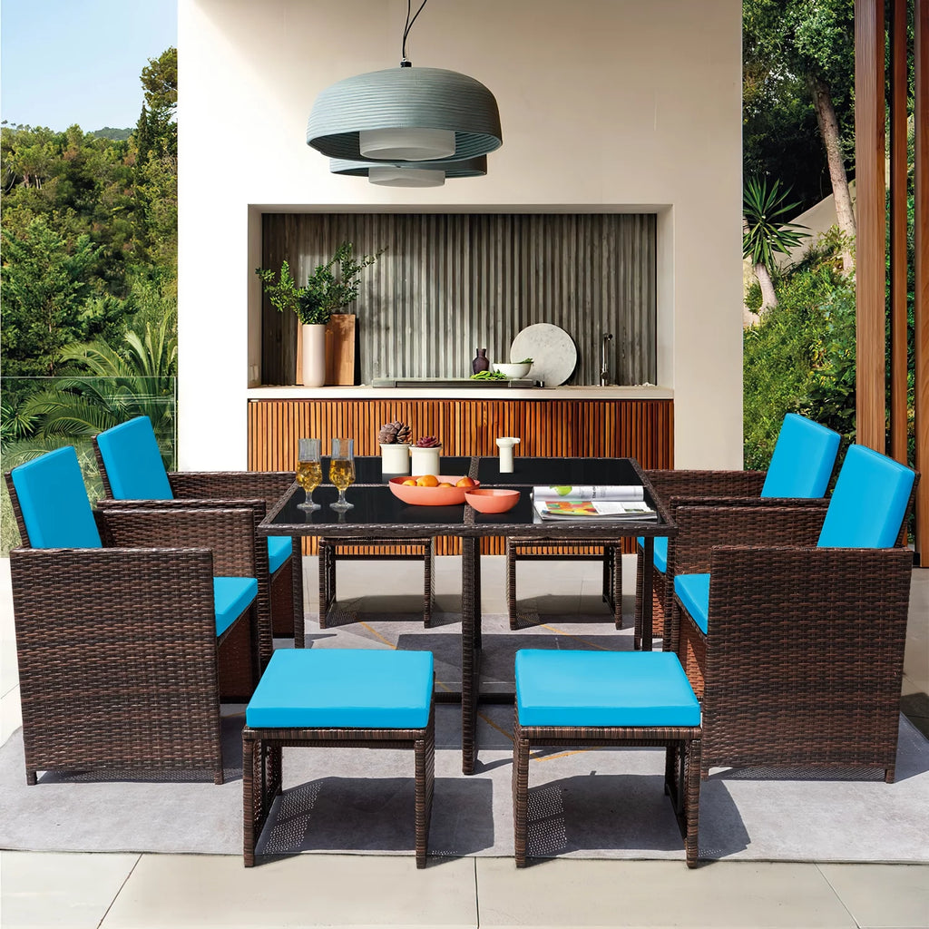 9 Pieces Outdoor Dining Set Wicker Chairs with Glass Table D8796