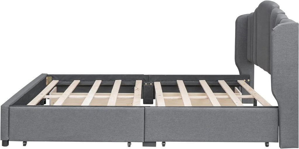 Queen Size Upholstered Platform Bed with Wingback Headboard and 4 Drawers I7362