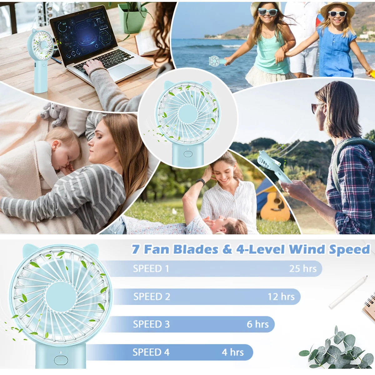 4 Speeds Mini Handheld Fan USB Rechargeable E703