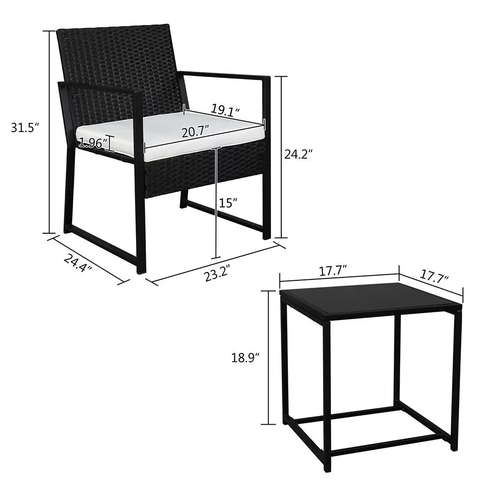 Black 3-Piece Faux Wicker Rattan Chair Conversation Set with Cushion Q1029