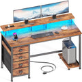 47" Computer Gaming Desk with Monitor Stand, 4 Fabric Drawers & Power Outlets, LED Lights, Rustic Brown R24202