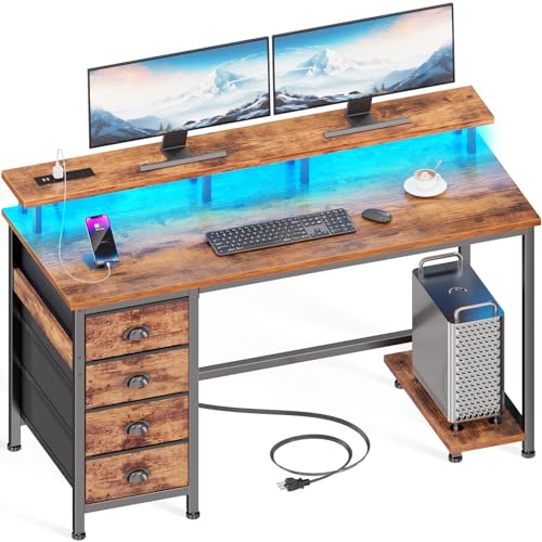 47" Computer Gaming Desk with Monitor Stand, 4 Fabric Drawers & Power Outlets, LED Lights, Rustic Brown R24202