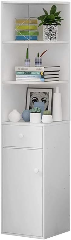 White Tall Corner Storage Cabinet with Doors and Three Tier Shelves E7782