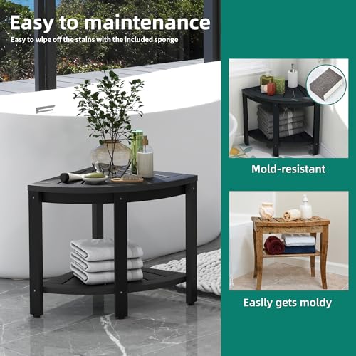 Black Poly Lumber Corner Shower Bench with Storage Shelf O1880