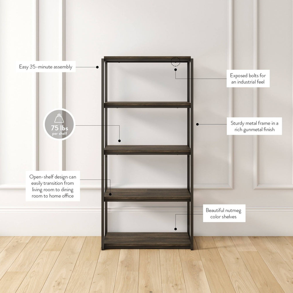 5-Shelf Wood Bookcase with Metal Frame Z73000