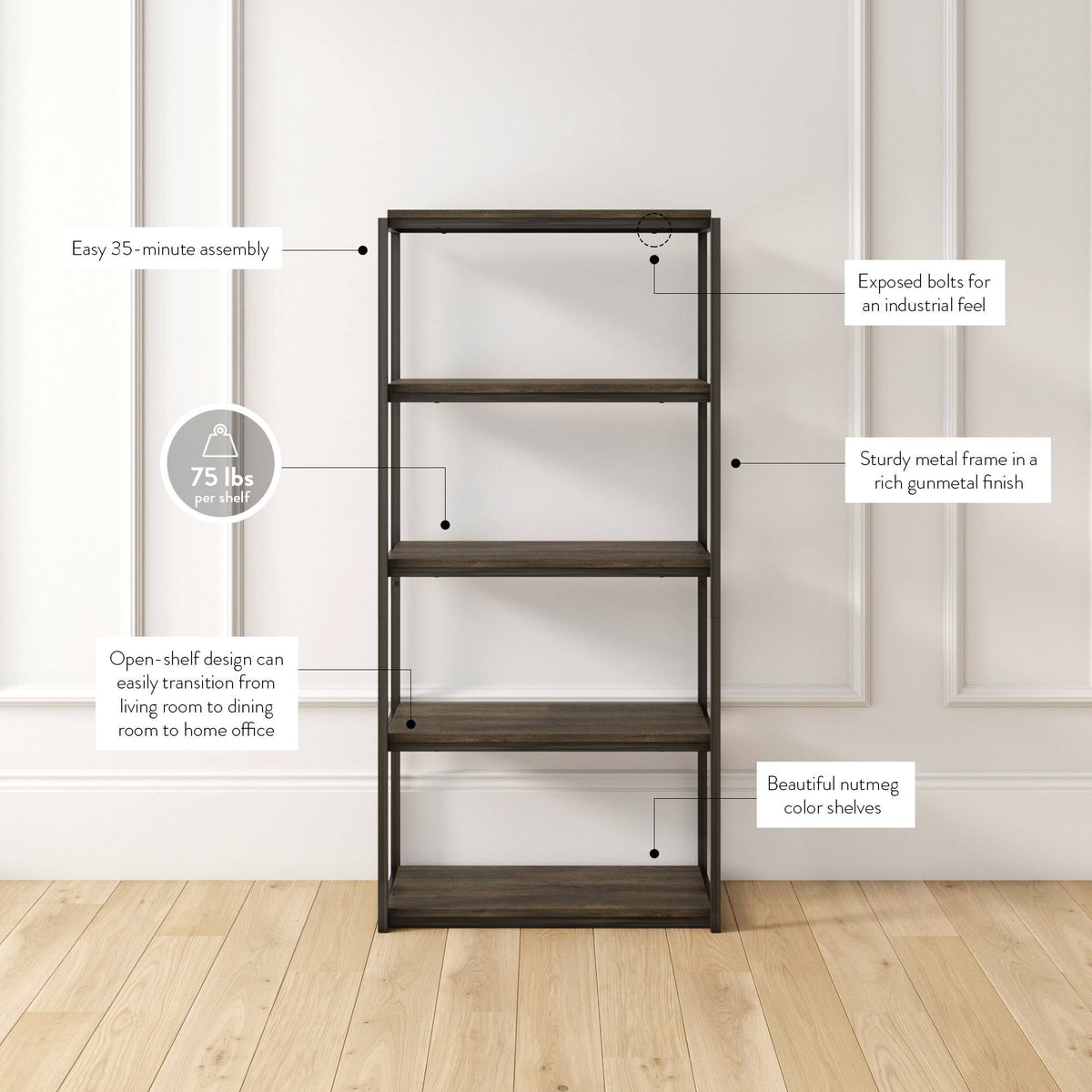 5-Shelf Wood Bookcase with Metal Frame Z73000