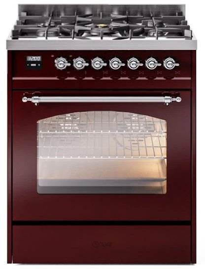 30 Dual Fuel Natural Gas Range in Burgundy with Chrome Trim H928