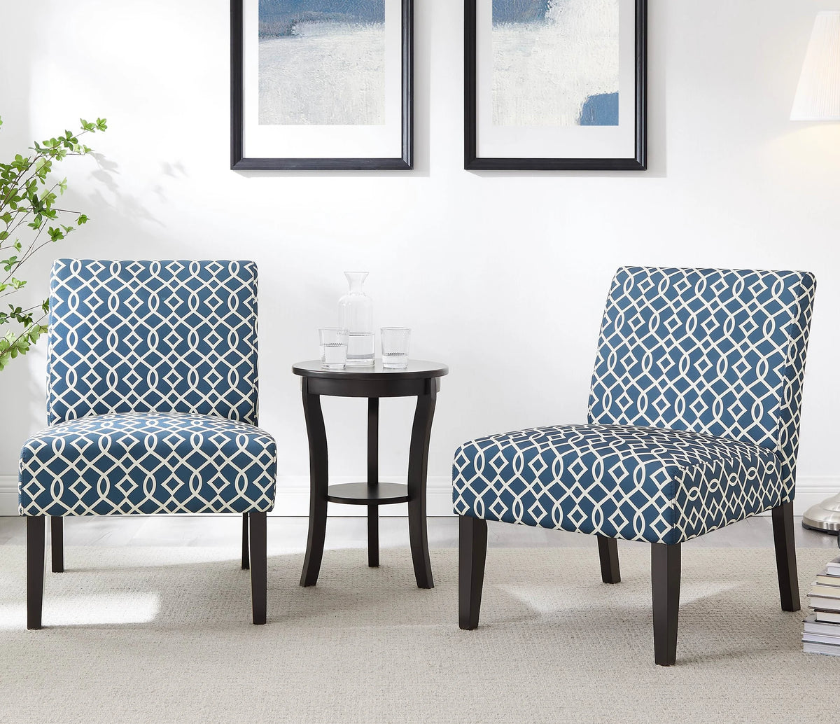 3pc Set Blue Fabric Upholstered Side Table and 2 Chairs M9297