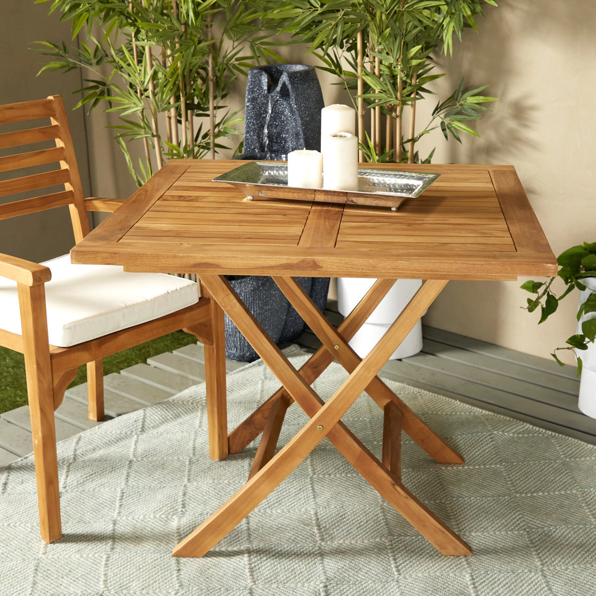 36" x 30" Brown Teak Wood Slatted Outdoor Dining Table N13349