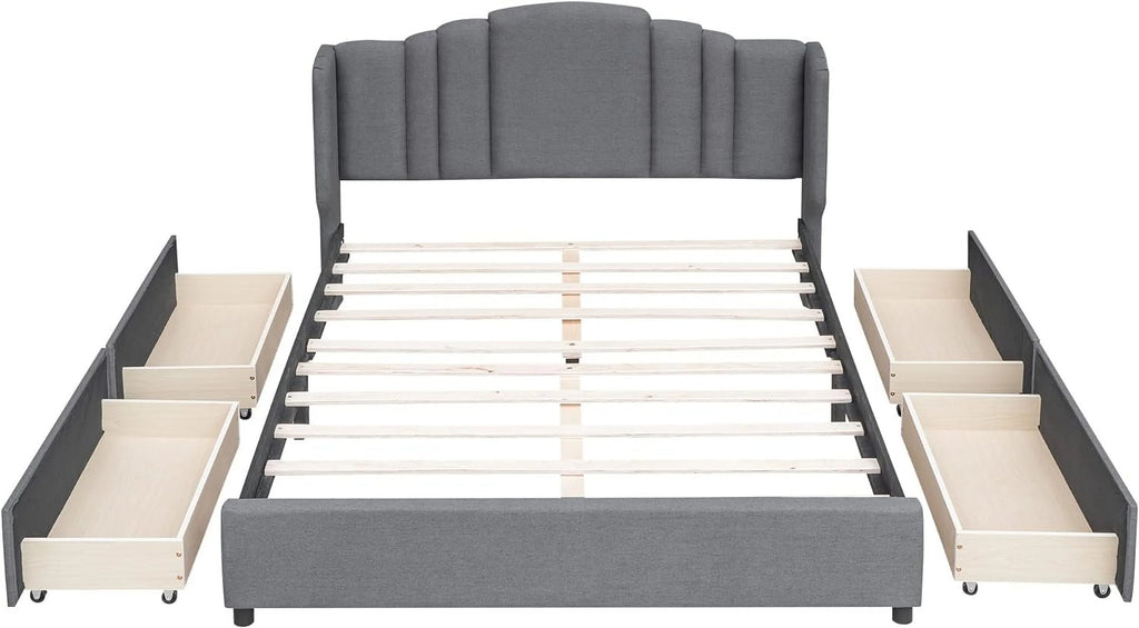 Queen Size Upholstered Platform Bed with Wingback Headboard and 4 Drawers I7362
