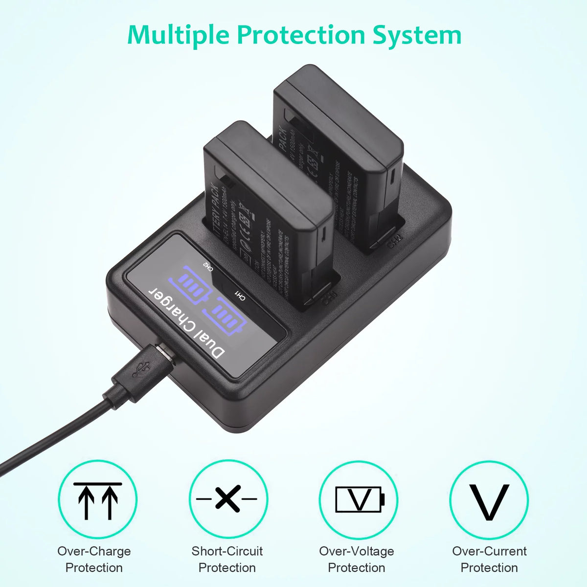 2pcs 7.4V 1500mAh Battery + 1pc Dual Channel Battery USB Port Screen Display M38412
