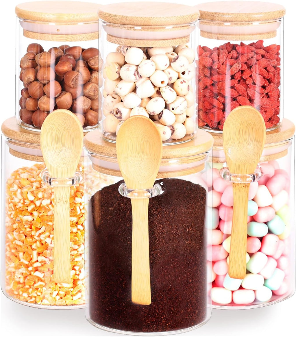 3 Pack 17 oz Glass Jars with Lids and Spoons and 3 Pack 6 oz Glass Spice Jars with Lids, Clear Glass Jars Set of 6 N3695