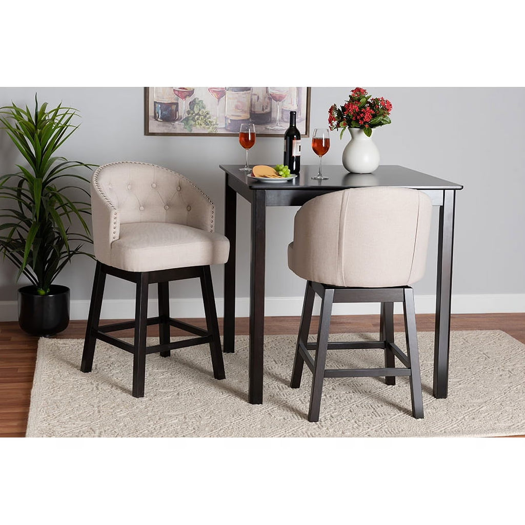 Light Beige Fabric and Espresso Brown Finished Wood 2-Piece Swivel Counter Chair L257974