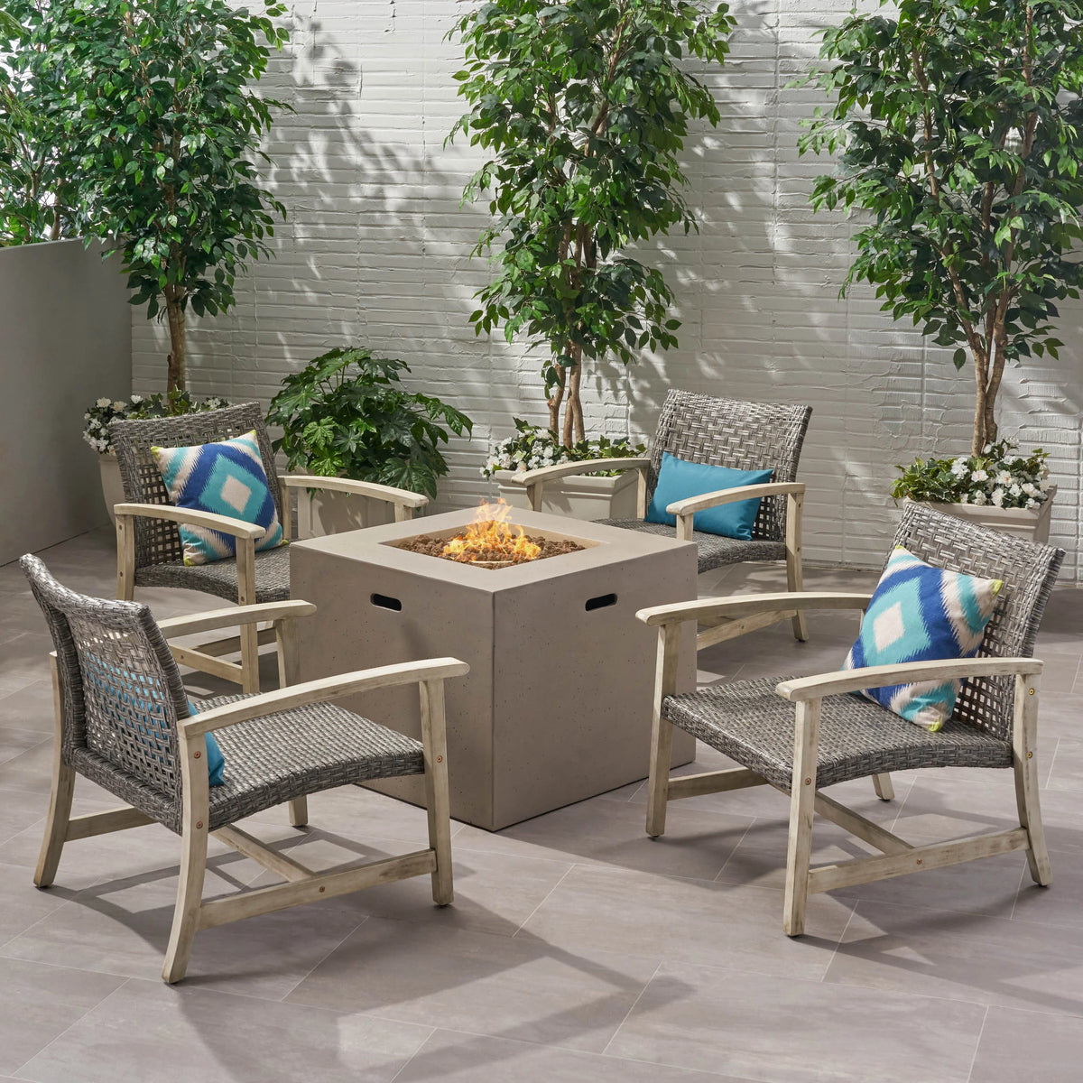 Black 5 Piece Wicker Outdoor Club Chairs & Fire Pit Set G498150