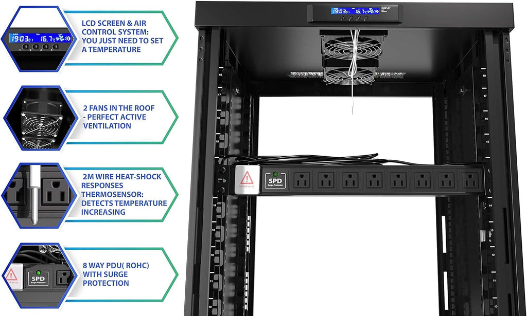 15U 35 inch Deep Server Rack Cabinet Enclosure with Cooling Fans, LCD Screen, Thermostat, PDU, Casters, Shelf X459