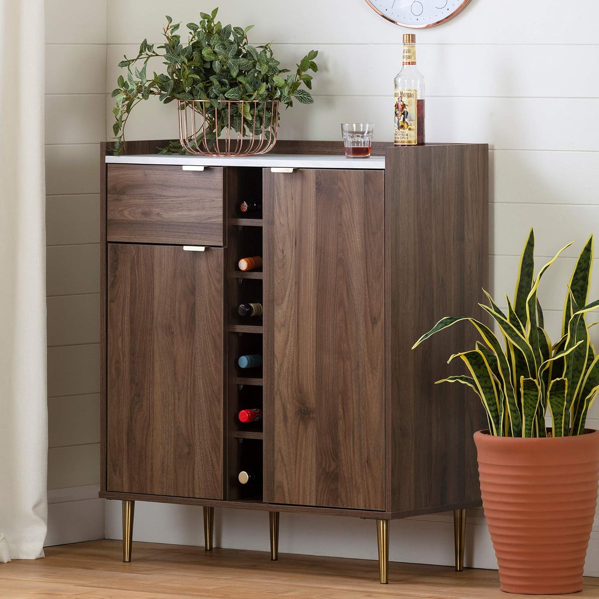 Natural Walnut and Faux Carrara Marble Buffet N155