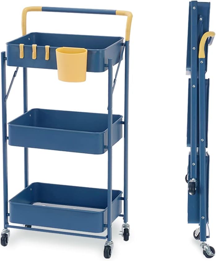 Blue Yellow 3-Tier Metal Rolling Utility Cart with Lockable Caster Wheels F3635