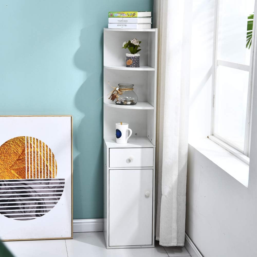 White Tall Corner Storage Cabinet with Doors and Three Tier Shelves E7782