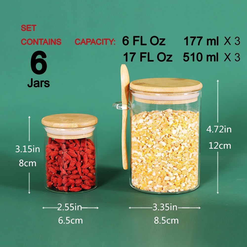3 Pack 17 oz Glass Jars with Lids and Spoons and 3 Pack 6 oz Glass Spice Jars with Lids, Clear Glass Jars Set of 6 N3695