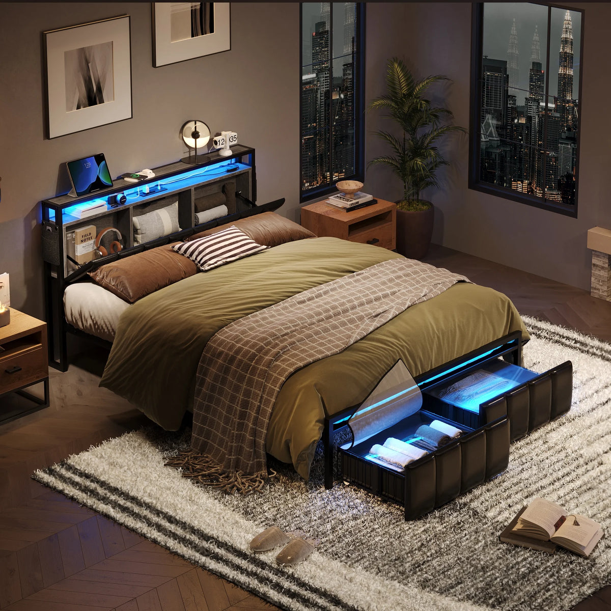 Queen Size Platform Bed Frame with Storage Headboard and 2 Drawers U627