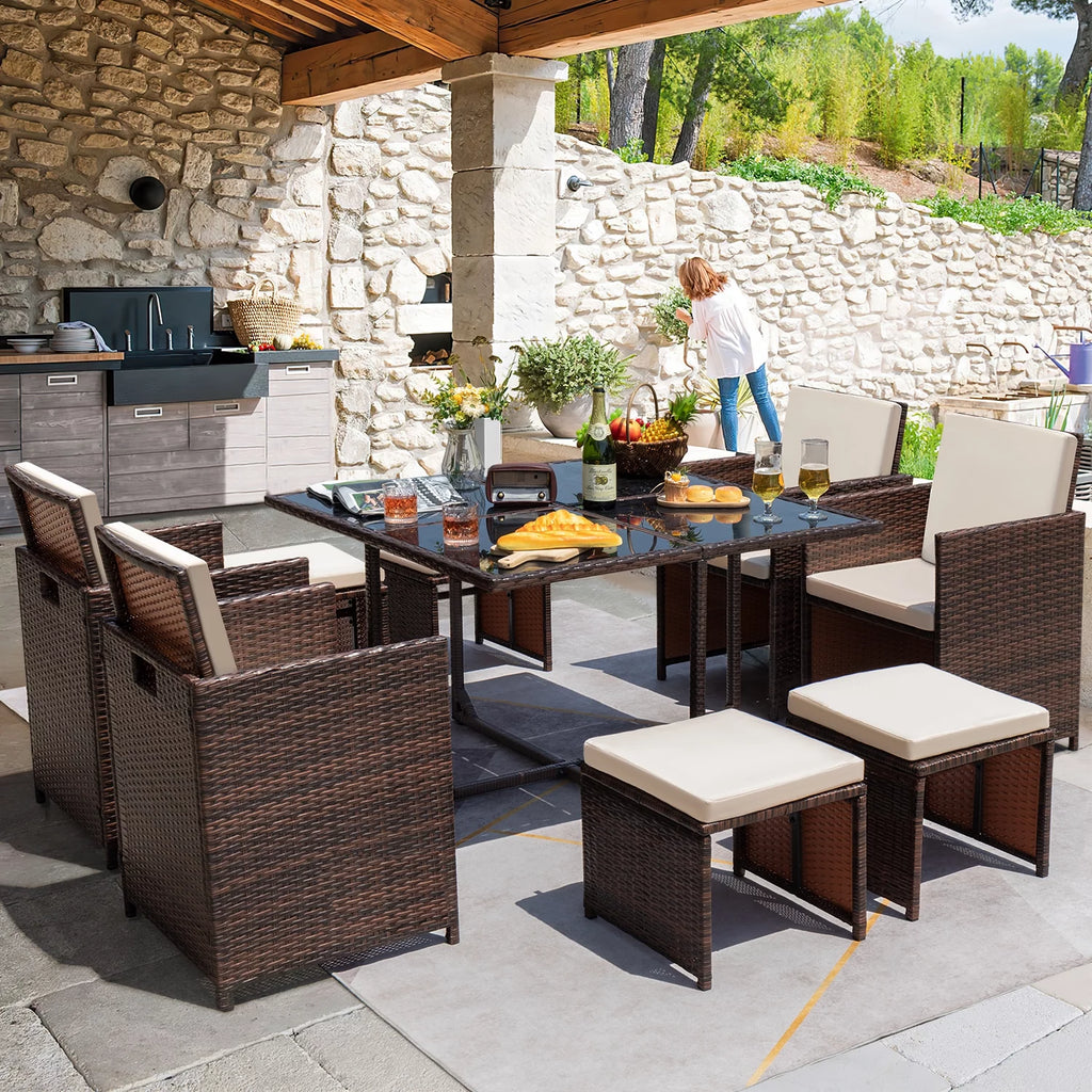 9 Pieces Outdoor Dining Set Wicker Chairs with Glass Table D8796
