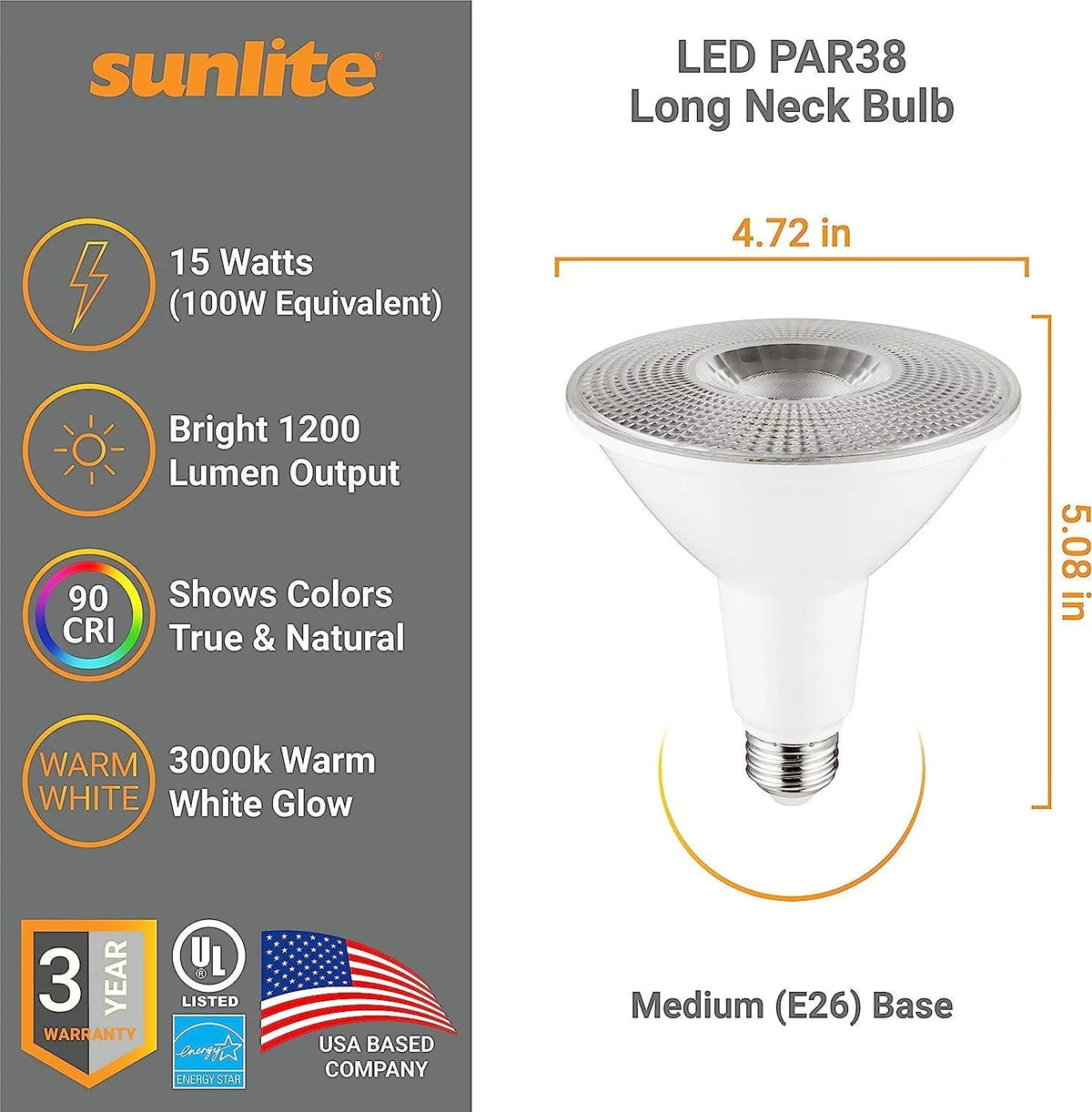 LED PAR38 Long Neck Spotlight Bulb 15 Watts Dimmable 3000K Warm White 6-Pack A6149