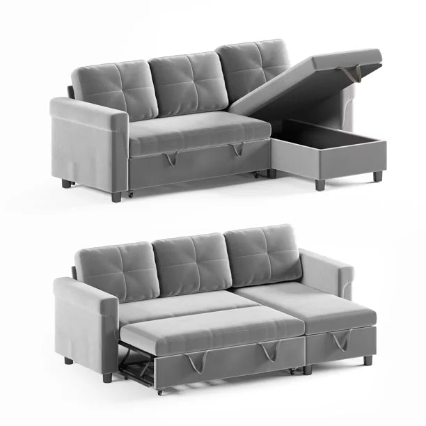 Light Gray Velvet Reversible Sectional Sofa with Storage Chaise I13725