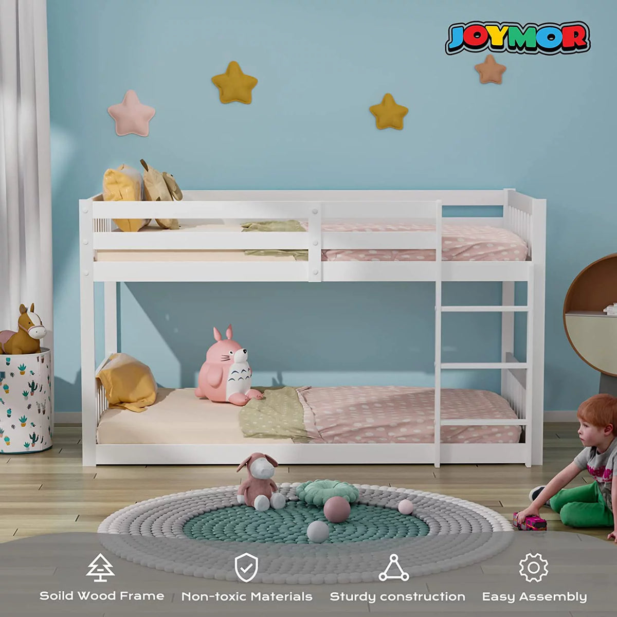 White Wood Twin Over Twin Bunk Bed with Guardrails & Ladder U129