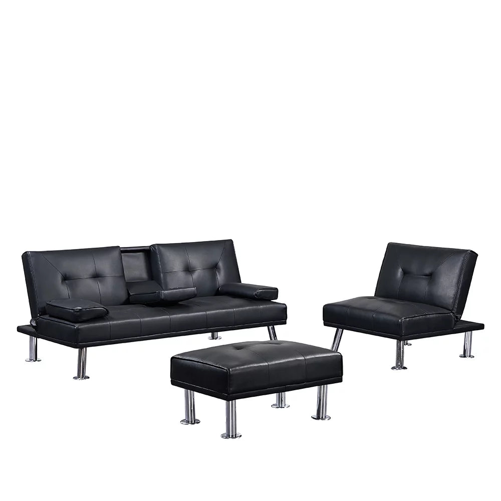 Faux Leather Convertible Futon Sofa Bed with Cup Holders E452296
