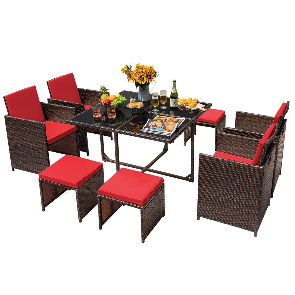 9 Pieces Outdoor Dining Set Wicker Chairs with Glass Table D8796