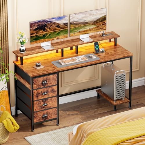47" Computer Gaming Desk with Monitor Stand, 4 Fabric Drawers & Power Outlets, LED Lights, Rustic Brown R24202