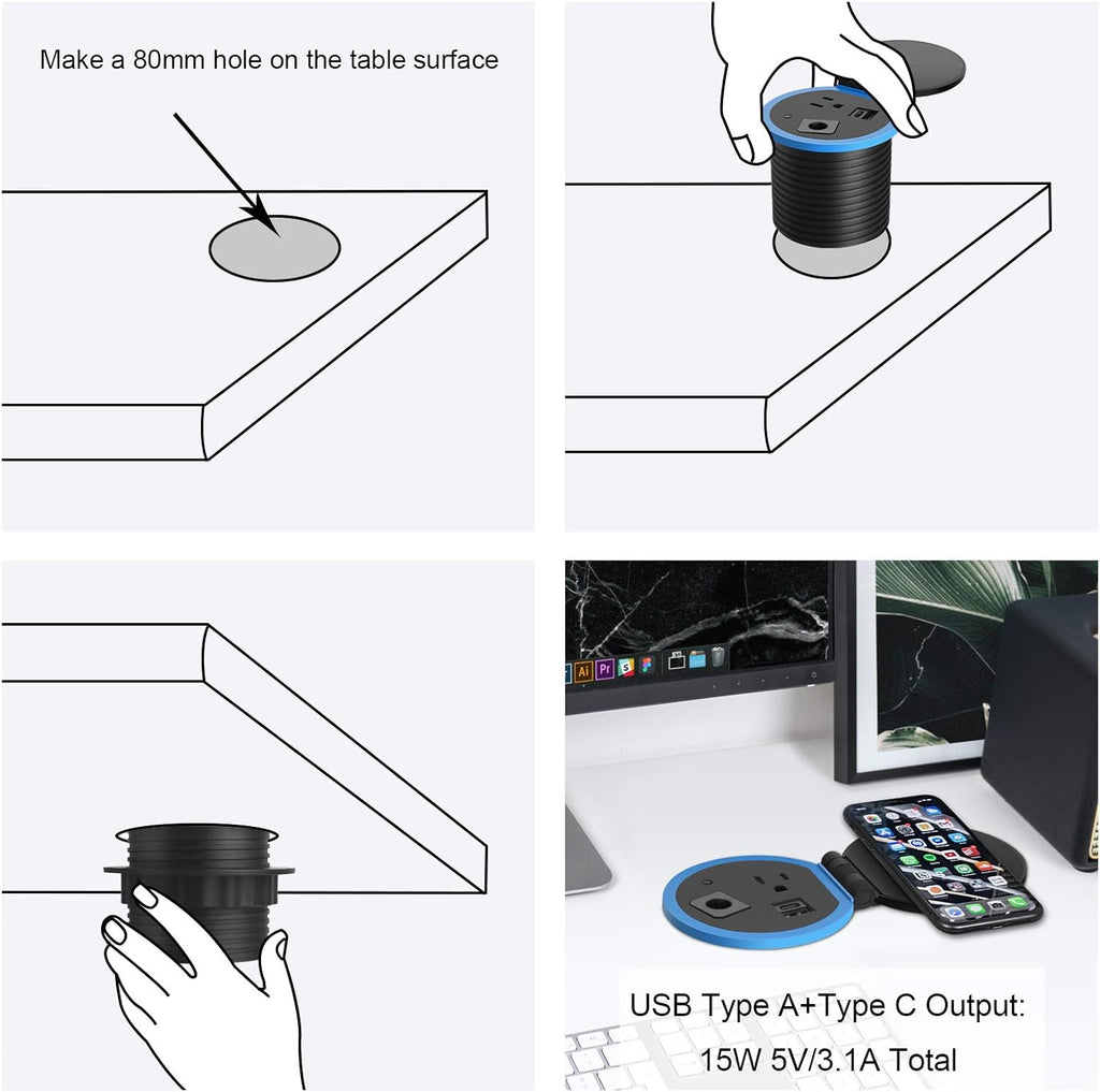 Desktop Power Grommet with Wireless Charger, USB C, 3.15" Hole, Pack of 2 P565690
