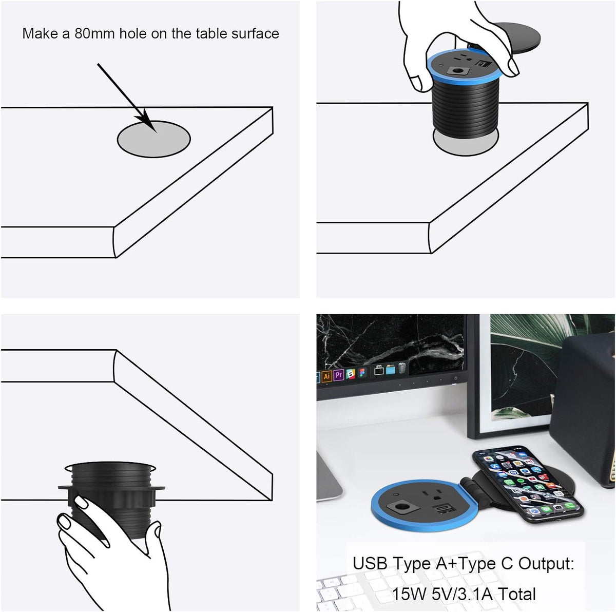 Desktop Power Grommet with Wireless Charger, USB C, 3.15" Hole, Pack of 2 P565690
