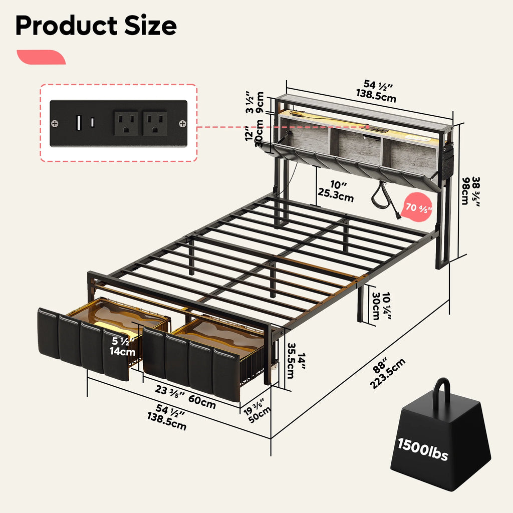 Queen Size Platform Bed Frame with Storage Headboard and 2 Drawers U627
