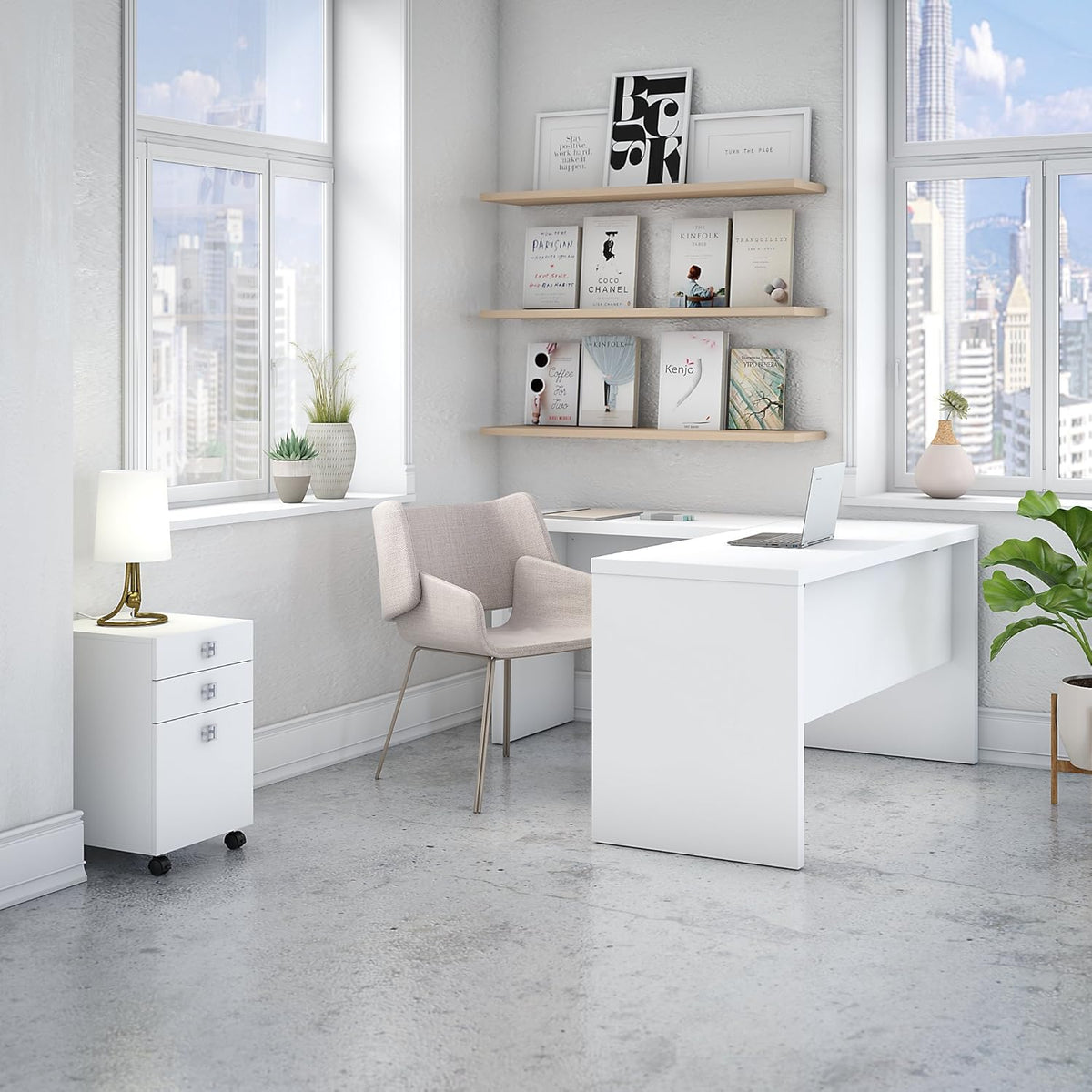Pure White L Shaped Desk with Mobile File Cabinet H936