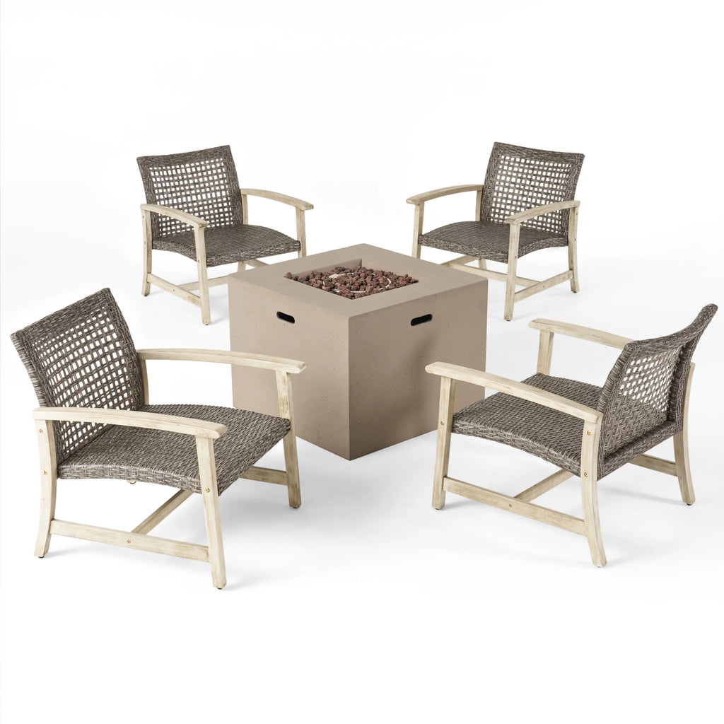 Black 5 Piece Wicker Outdoor Club Chairs & Fire Pit Set G498150