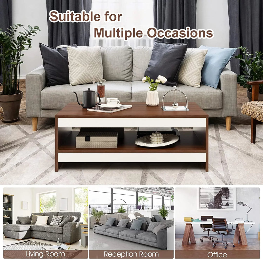 37 Inch Two-Tier Wooden Coffee Table with Storage Shelf X428