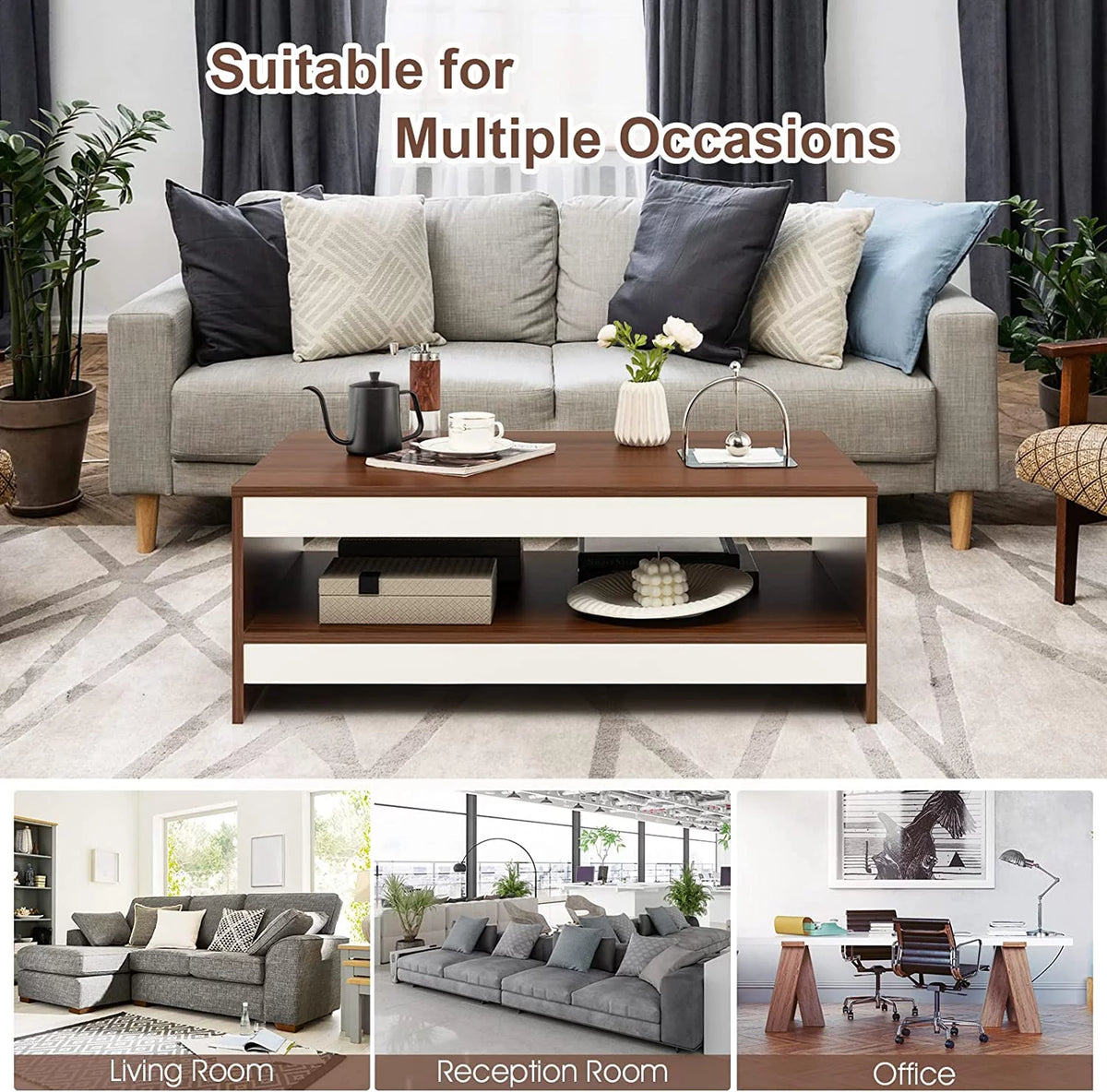 37 Inch Two-Tier Wooden Coffee Table with Storage Shelf X428