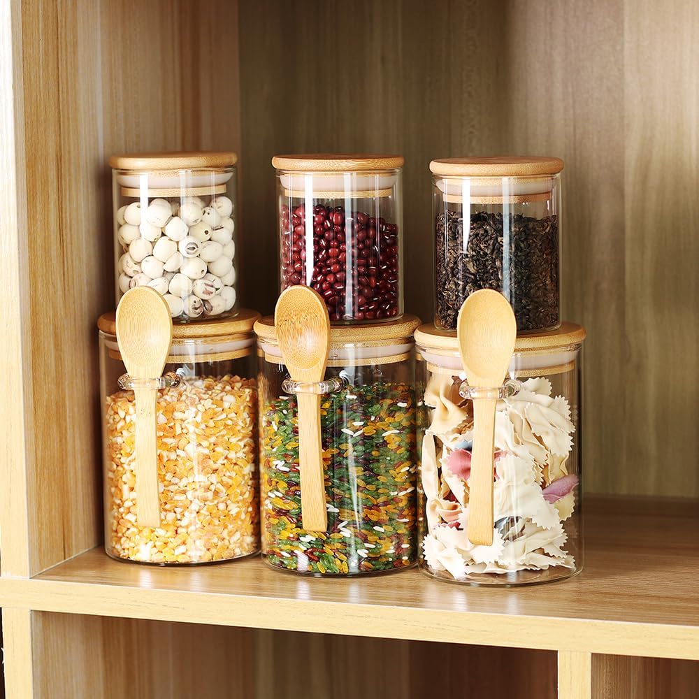 3 Pack 17 oz Glass Jars with Lids and Spoons and 3 Pack 6 oz Glass Spice Jars with Lids, Clear Glass Jars Set of 6 N3695