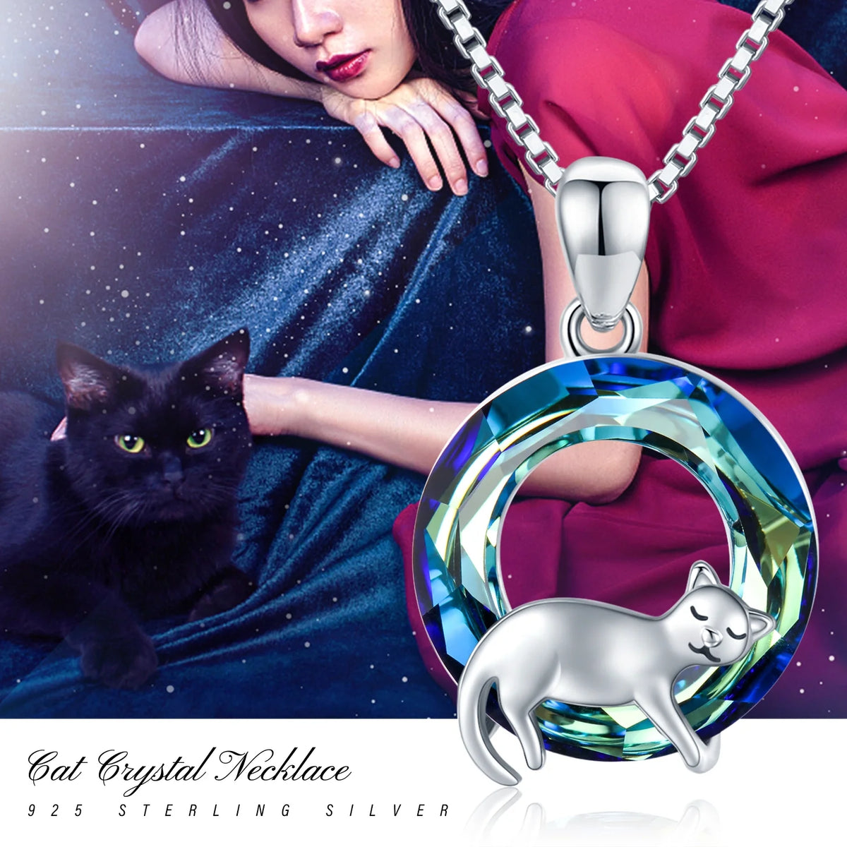 Cat Crystal Pendant Necklace 925 Sterling Silver S8304