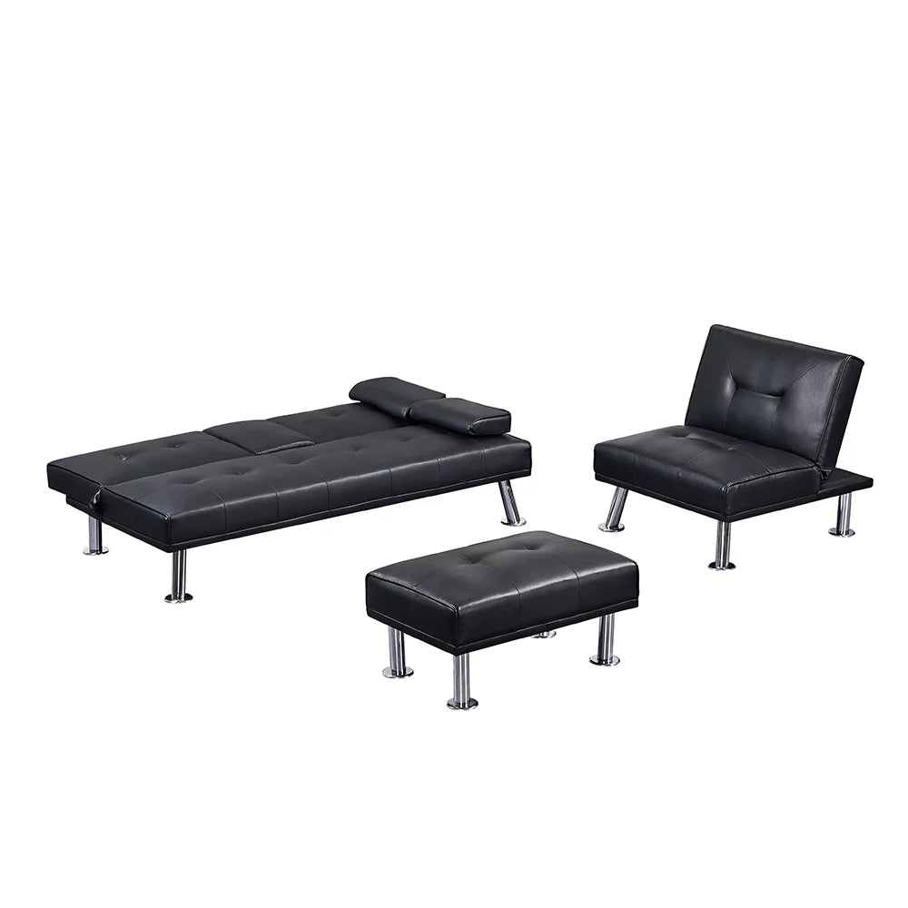 Faux Leather Convertible Futon Sofa Bed with Cup Holders E452296