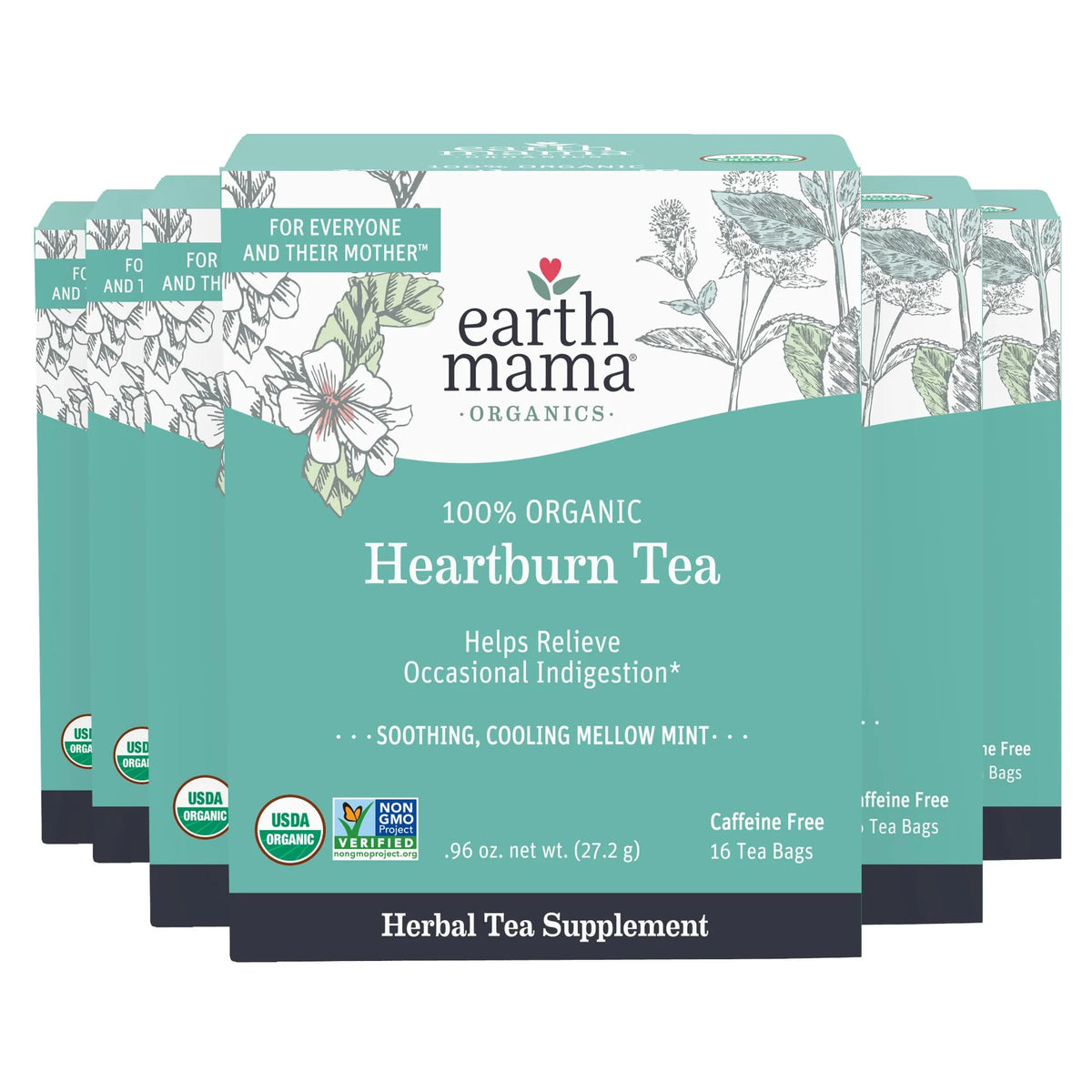 Organic Heartburn Tea with Marshmallow Root, Lemon Balm & Chamomile, 16 Teabags (6-Pack) E419