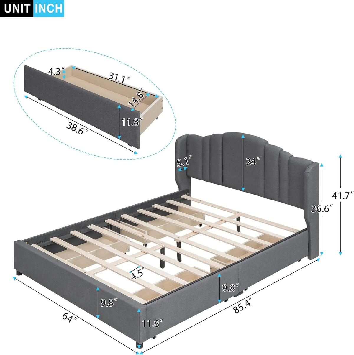 Queen Size Upholstered Platform Bed with Wingback Headboard and 4 Drawers I7362