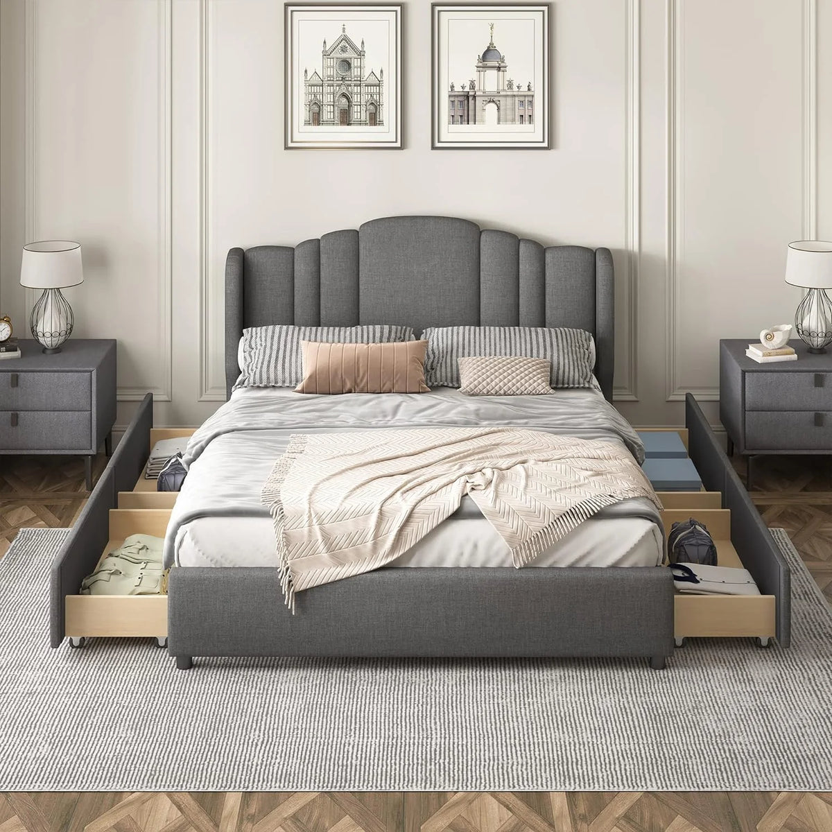 Queen Size Upholstered Platform Bed with Wingback Headboard and 4 Drawers I7362