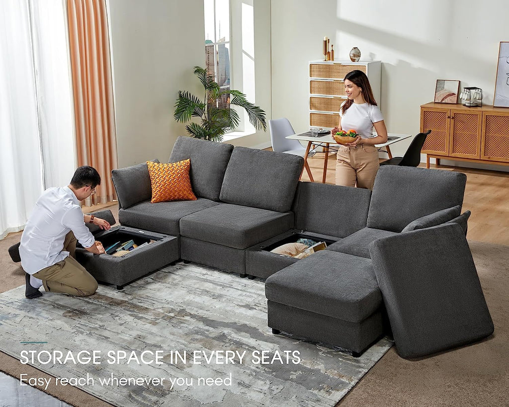 Oversized Chenille Dark Gray Modular Sectional Sofa with Storage and Chaise C910