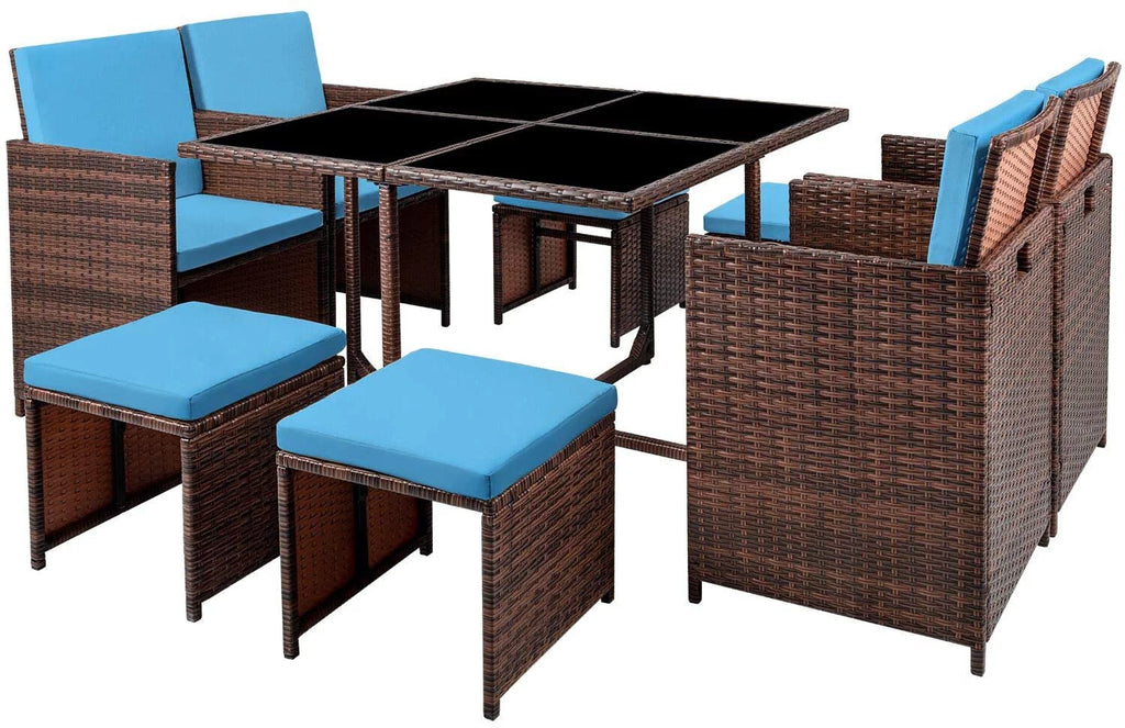 9 Pieces Outdoor Dining Set Wicker Chairs with Glass Table D8796
