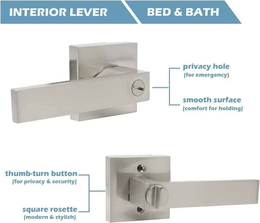 Satin Nickel Square Privacy Door Handles Leverset Lockset 10Pack P69728
