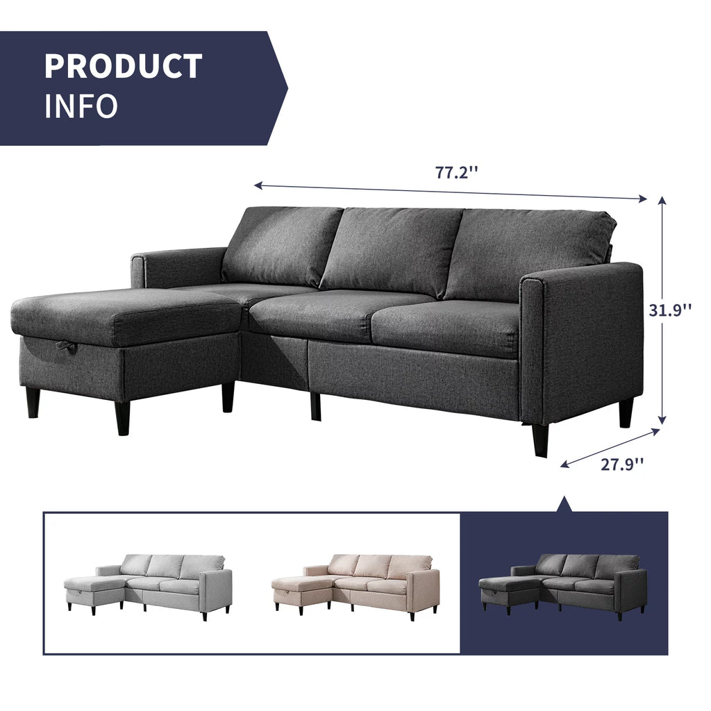 Small Sectional Sofa 3 Seater with Storage Ottoman Light Grey P484