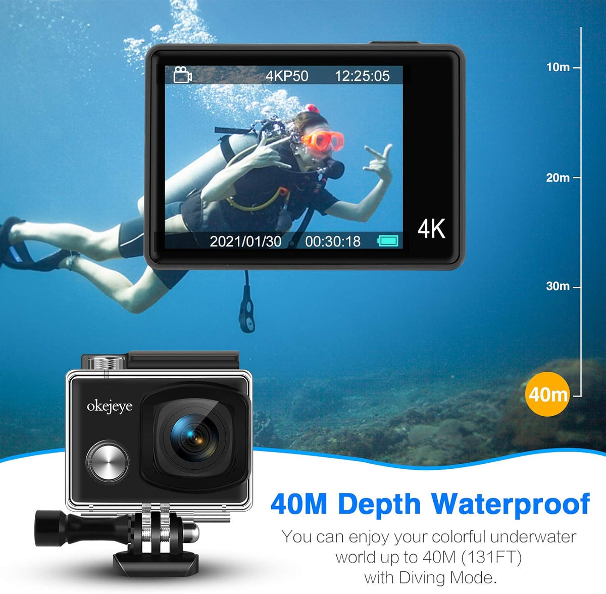 4K Action Camera 50fps 24MP Touch Screen 40M Waterproof WiFi Sport Camera with Remote Control and 32GB Micro SD Card K176
