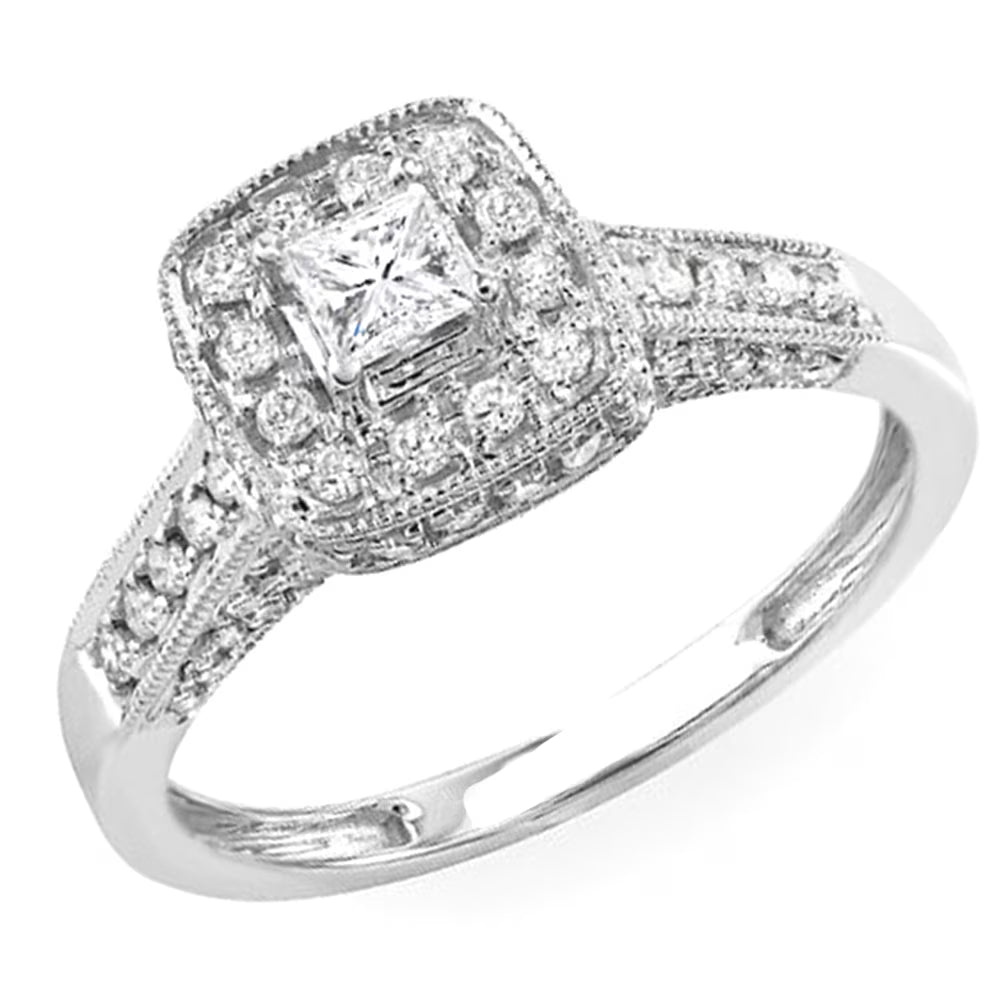14k White Gold Princess Diamond Halo Engagement Ring A175